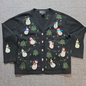 Terazzo Cardigan Womens Medium Snaps Embroidered Snowman Holiday Knit Christmas